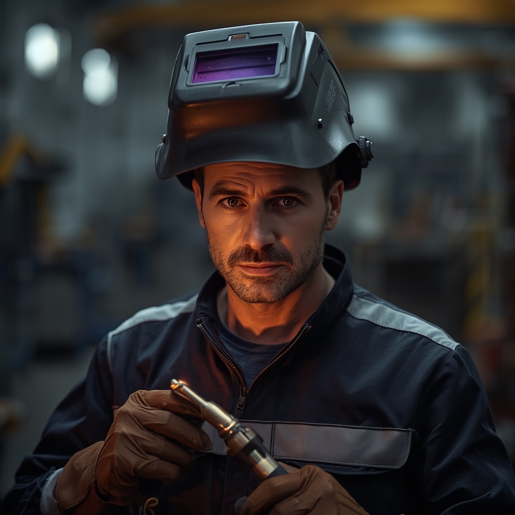 SPEKANOMA certified welder with raised visor